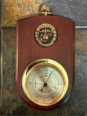 Vintage Springfield USMC Solid Walnut Wall Hanging Brass Barometer